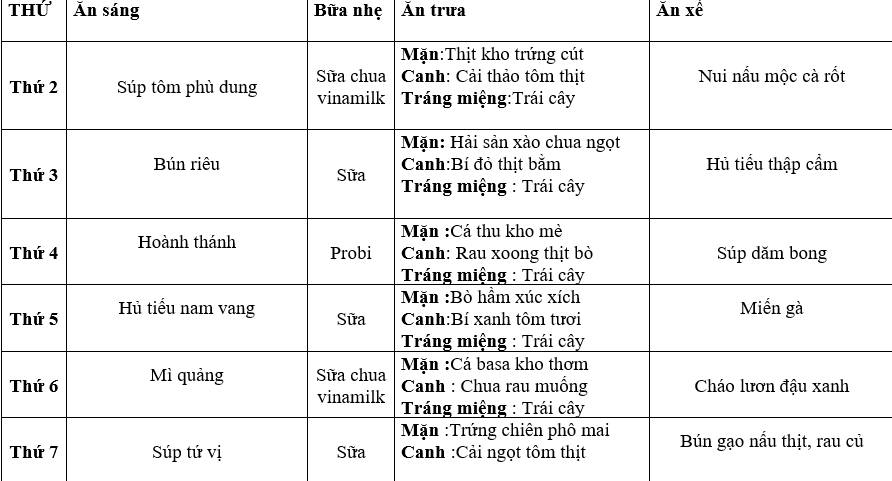 Nhà trường kính gửi thực đơn tuần cho các bé ( từ 29/8-31/8/2022)