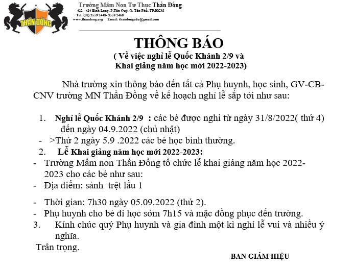 THÔNG BÁO NGHỈ LỄ 2/9