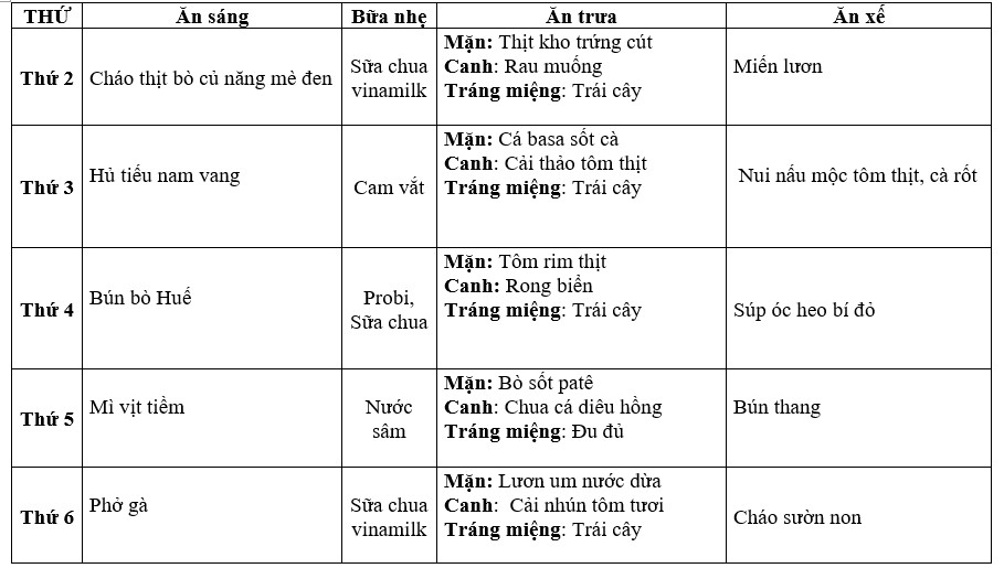 Nhà trường kính gửi thực đơn tuần cho các bé ( từ 5/9-9/9/2022)